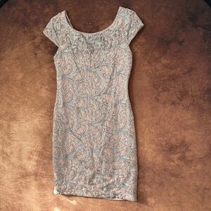 Calvin Klein Lace Mini Dress in Cream and Silver